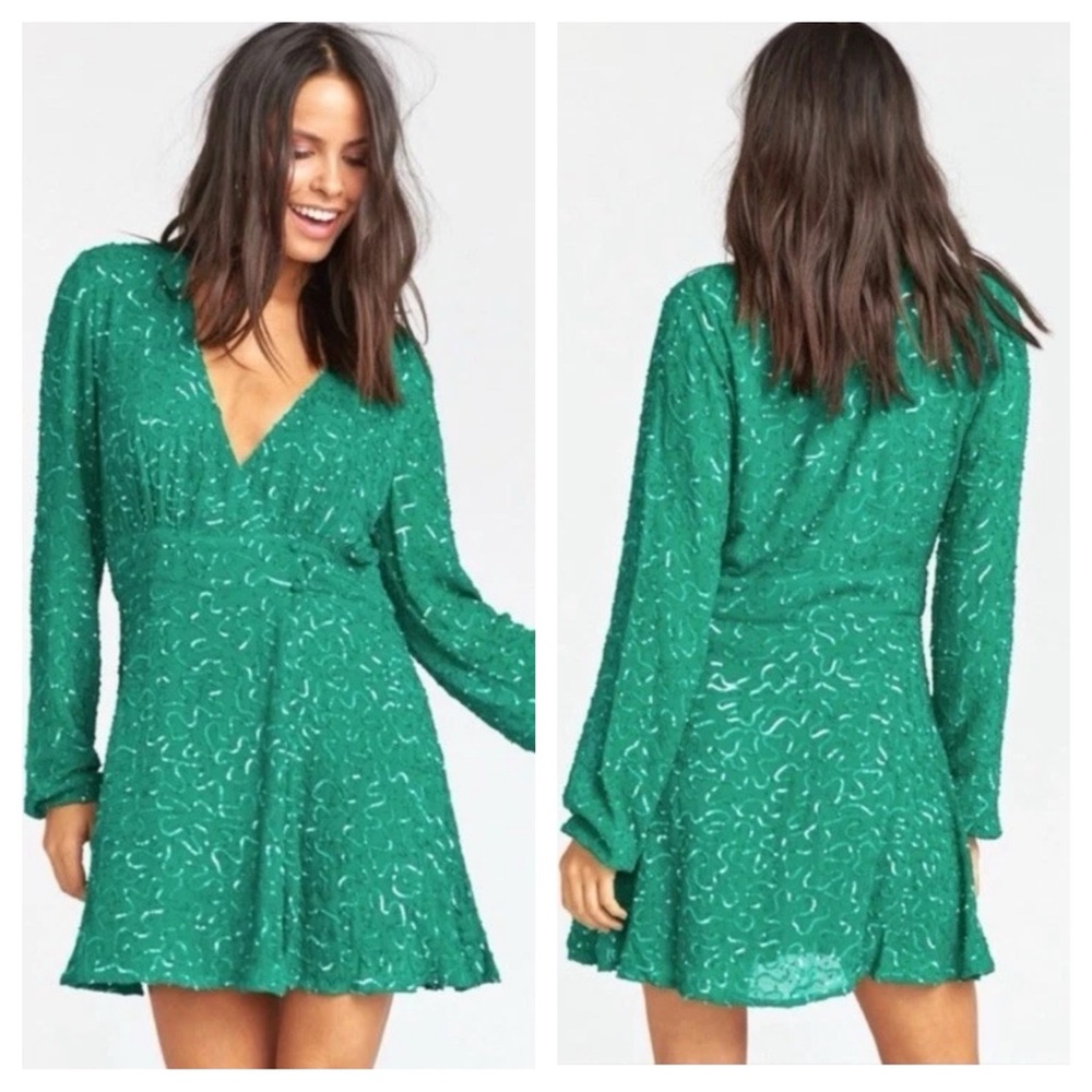 Show Me Your Mumu Phyllis Embellished Wrap Dress in Emerald Beaded Sequins Sz S